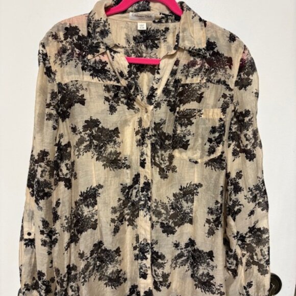 Coldwater Creek Semi-Sheer Blouse Gold/Black Floral Pearl Snap Bttns Tencel. XL - Picture 1 of 6